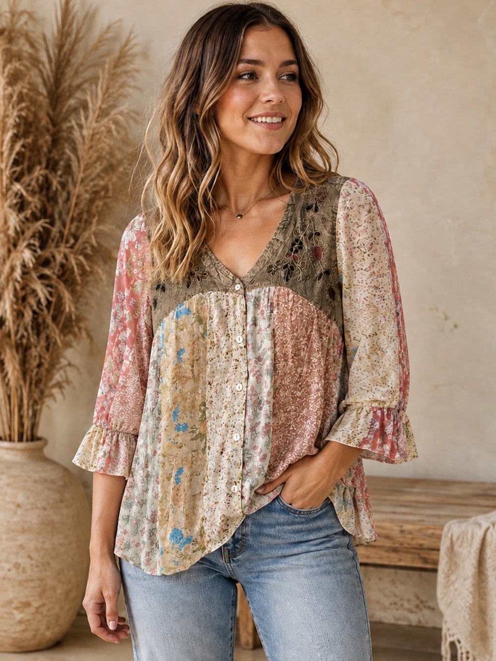 Young Threads Boho Patchwork Floral V-Neck Tunic in Coral, Cream, Olive